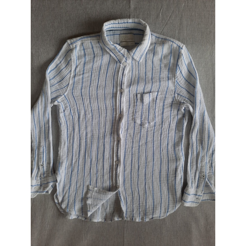 J. Crew Women Size 6 White/Blue Wringkle Stripes Long sleeve Button's Shirt